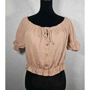 Cotton-On Tan Short Sleeve Crop Button Down Top - Women's Jrs Size Large